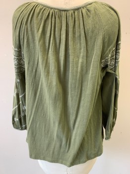 LUCKY BRAND, Olive Green, Cotton, Viscose, Solid, Gauze, L/S, White Embroidery Stitching, Split Keyhole Neckline, Lace Tie with Tassels, Sleeves with Elastic Pearl Button