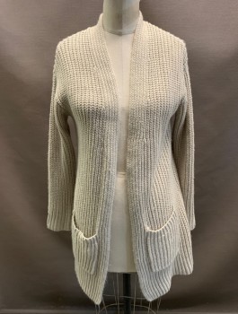 Womens, Sweater, ANA, Lt Gray, Acrylic, Solid, S, L/S, Shawl Collar, 2 Patch Pockets, Large Rib Knit, Oversized