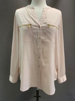 CALVIN KLEIN, Ballet Pink, Polyester, Solid, L/S, Button Front, Mandarin Neck, Chest Pockets With Zippers, Gold Buttons & Zippers