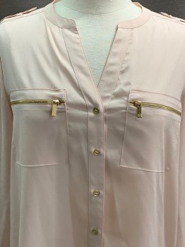 Womens, Blouse, CALVIN KLEIN, Ballet Pink, Polyester, Solid, M, L/S, Button Front, Mandarin Neck, Chest Pockets With Zippers, Gold Buttons & Zippers
