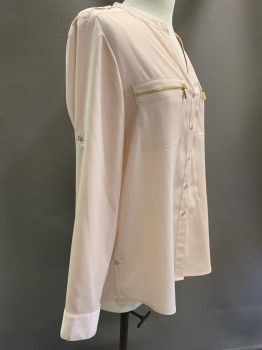 Womens, Blouse, CALVIN KLEIN, Ballet Pink, Polyester, Solid, M, L/S, Button Front, Mandarin Neck, Chest Pockets With Zippers, Gold Buttons & Zippers