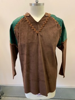 MTO, Brown, Forest Green, Suede, Color Blocking, L/S, V-N, Leather Suede Cording Trim, Raw Edges, Brass Buttons With Compass Detail **Stains On Back