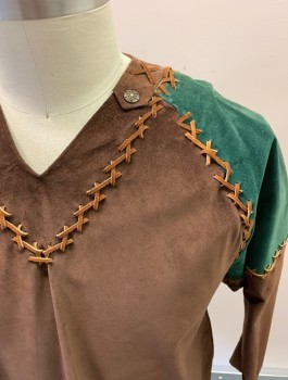 Mens, Historical Fiction Shirt, MTO, Brown, Forest Green, Suede, Color Blocking, XL, L/S, V-N, Leather Suede Cording Trim, Raw Edges, Brass Buttons With Compass Detail **Stains On Back