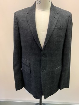Mens, Sportcoat/Blazer, PAUL SMITH, Charcoal Gray, Black, Wool, Plaid, 38R, Single Breasted, 2 Buttons,  Notched Lapel, 4 Pockets, Pick Stitch Lapel