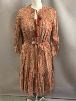 Womens, Dress, Long & 3/4 Sleeve, DOEN, Burnt Orange, Olive Green, White, Gray, Cotton, Paisley/Swirls, Floral, L, With Belt, Round Neck, Tie Front With Tassels, L/S,  Hem Below Knee