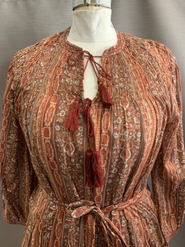 Womens, Dress, Long & 3/4 Sleeve, DOEN, Burnt Orange, Olive Green, White, Gray, Cotton, Paisley/Swirls, Floral, L, With Belt, Round Neck, Tie Front With Tassels, L/S,  Hem Below Knee