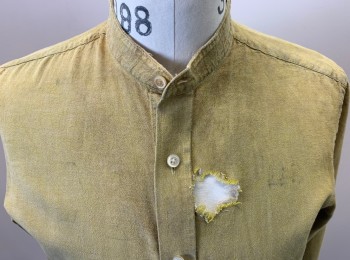 Mens, Historical Fiction Shirt, N/L, Mustard Yellow, Cotton, Solid, 33, 16.5, Button Front, Collar Band, Long Sleeves, Aged, Multiple, Old West