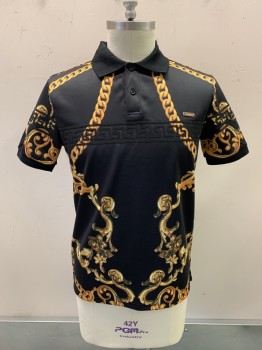 HUDSON, Black, Gold, Polyester, Leaves/Vines , C.A., 1/4 Button Front, S/S, Versace Inspired Pattern, Black Beaded Abstract Patter Across Chest