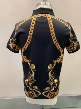 HUDSON, Black, Gold, Polyester, Leaves/Vines , C.A., 1/4 Button Front, S/S, Versace Inspired Pattern, Black Beaded Abstract Patter Across Chest