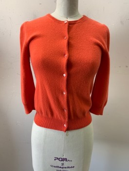 RON HERMAN, Coral Orange, Cashmere, Solid, Round Neck, Button Front,