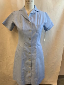 FASHION SEAL, Lt Blue, White, Poly/Cotton, Stripes - Pin, Micro Pin Stripes, Button Front, Short Sleeves, Collar Attached, 3 Pockets,