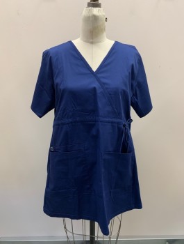 WONDER WORK, Navy Blue, Poly/Cotton, Solid, V-N, Wrap Style, S/S, 2 Pockets, Drawstring At Bust