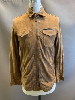 Mens, Casual Jacket, John Varvatos, Camel Brown, Suede, Solid, S, L/S, Zip Front, Collar Attached, Side Pocket And Chest Pockets, Snap Buttons,