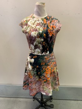 Womens, Dress, Short Sleeve, CARVEN, Orange, Dk Green, Multi-color, Polyester, Abstract , Floral, M, Round Neck, Zip Back, White, Burgundy, And Brown Blurry Floral Details