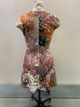 Womens, Dress, Short Sleeve, CARVEN, Orange, Dk Green, Multi-color, Polyester, Abstract , Floral, M, Round Neck, Zip Back, White, Burgundy, And Brown Blurry Floral Details
