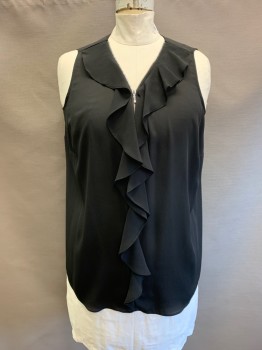 Womens, Top, INC, Black, Polyester, Rayon, Solid, 1XL, V-N, 1/2 Zip Front, Ruffle Front, Sleeveless