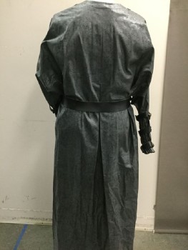 BILL HARGATE, Gray, Black, Brass Metallic, Polyester, Leather, Mottled, Round Neck, Snaps for Attaching Hood,  Velcro and Zip Front, L/S, Gathered Below Elbow with Velcro Closed Leather Straps Embellished with Faux Hardware, Velcro Close Leather Belt, Inverted Box Pleat Center Back Waist to Hem, Multiple