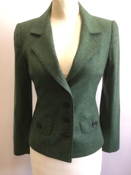 Womens, Blazer, PETRO ZILLIA, Dk Green, Wool, Silk, Tweed, 6, Single Breasted, Collar Attached, Notched Lapel, 4 Pockets, 2 Flap Button Pockets