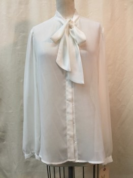 AMERICAN APPREL, White, Synthetic, Solid, Sheer White, Button Front, Self Tie Neck, Long Sleeves,