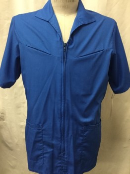 Unisex, Smock/Wrap, LANDAU, Royal Blue, Polyester, Cotton, Solid, 38, Short Sleeves, Zip Front, Collar Attached, 4 Pockets,