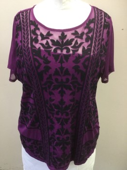 I.N.C, Purple, Black, Polyester, Nylon, Floral, Geometric, Purple Sheer Net-like with Purple Lining, with Black Raised Texture Ornate Floral and Vertical Geometric Work, Round Neck,  Short Sleeves,
