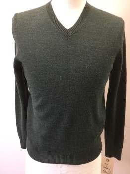 Mens, Pullover Sweater, BANANA REPUBLIC, Moss Green, Wool, Solid, M, V-neck, Long Sleeves, Pull Over
