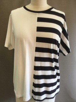 Womens, Top, COS, White, Midnight Blue, Solid, Stripes, L, Jersey, Half of Shirt Is White and Midnight Blue (Nearly Black) Horizontal Stripes, Half of Shirt Is Solid White, Dolman Short Sleeves, Wide Scoop Neck with Midnight Edge