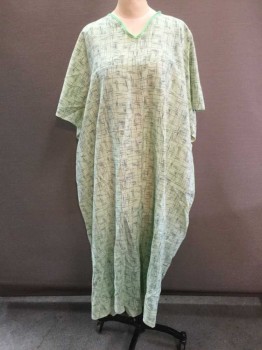 Unisex, Patient Gown, MEDLINE, Mint Green, Purple, Olive Green, Turquoise Blue, Cotton, Novelty Pattern, O/S, Short Sleeve,  V-neck with Green Twill Tape, Mint Background with Multi-Directional Scratches, Snap Shoulders, Multi-Tie Back, 1 Pocket