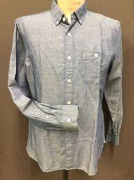 TODD SNYDER, Blue, Linen, Cotton, Solid, Button Down Collar, Long Sleeves, 1 Pocket,