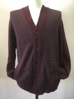 Mens, Cardigan Sweater, ALFANI, Wine Red, Red, Gray, Charcoal Gray, Cotton, Stripes, L, Stripey Patterned Front, V.neck, Button Front with Ribbed Knit Trim Long Sleeves, 2 Pockets,. Heathered Wine Back