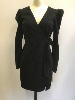 Womens, Cocktail Dress, TOP SHOP, Black, Polyester, Spandex, Solid, B 34, 4, W 28, V-neck, Mini, Long Sleeves with Puffed Shoulders, Back Zipper,