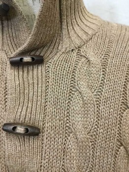 Mens, Pullover Sweater, RALPH LAUREN, Tan Brown, Silk, Cable Knit, M, 3 Barrel Button Moc Turtleneck, Pull Over