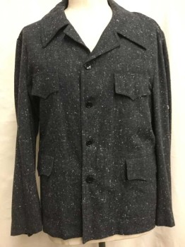 N/L, Dk Gray, White, Wool, Heathered, Long Sleeve Button Front, Notch Collar, 2 Faux Flap Pockets At Chest & 2 Regular (functional) Flap Pockets At Hips, Working Class/3rd Class