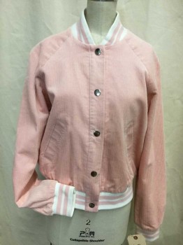 Womens, Casual Jacket, F21, Baby Pink, White, Cotton, Polyester, Solid, M, Snap Front, Bomber, Stiped Rib Knit Trims at Collar/ Cuffs and Waistband, Raglan Long Sleeves, 2 Pockets,