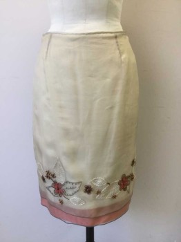 Womens, Skirt, Knee Length, LAUNDRY, Champagne, Silk, Solid, 6, Sheer Layer With Floral Embroidery with Wooden Beads, Over Solid Champagne with Orange Hem Stripe, CB Zip,