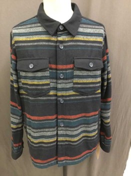 Mens, Casual Jacket, GOOD FELLOW, Black, Teal Blue, Red, Gray, Yellow, Polyester, Wool, Stripes - Horizontal , XXL, Shirt Jacket, Button Front, 2 Vertical Pocket, 2 Flap Pocket, Long Sleeves, Collar Attached,