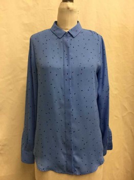APT 9, Periwinkle Blue, Black, Polyester, Novelty Pattern, Button Front, Collar Attached,  Long Sleeves,