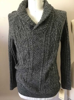 Mens, Pullover Sweater, I HAMPTON, Lt Gray, Black, Wool, Nylon, Cable Knit, M, Shawl Collar with 1 Button, Raglan Sleeves,