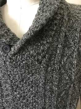 Mens, Pullover Sweater, I HAMPTON, Lt Gray, Black, Wool, Nylon, Cable Knit, M, Shawl Collar with 1 Button, Raglan Sleeves,