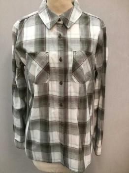 Womens, Blouse, CARHARTT, Gray, White, Charcoal Gray, Red Burgundy, Cotton, Spandex, Plaid, M, Long Sleeve Button Front, Collar Attached, 2 Pockets