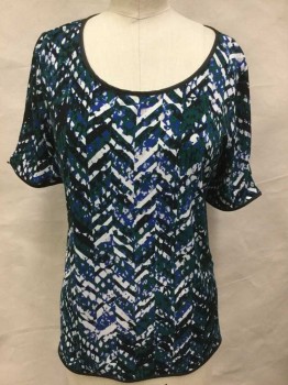 Womens, Top, CALVIN KLEIN, Black, Teal Green, Royal Blue, Off White, Polyester, Mottled, Chevron, M, Black W/teal Green, Royal Blue, Off White Mottled Chevron Abstract, Solid  Black Trim Round Neck,  Short Sleeves, & Uneven Hem