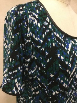 Womens, Top, CALVIN KLEIN, Black, Teal Green, Royal Blue, Off White, Polyester, Mottled, Chevron, M, Black W/teal Green, Royal Blue, Off White Mottled Chevron Abstract, Solid  Black Trim Round Neck,  Short Sleeves, & Uneven Hem