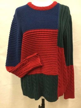 URBAN OUTFITTERS, Forest Green, Red, Cotton, Cable Knit, Long Sleeves, Crew Neck, Mixed Knit Patches