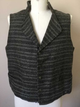 Mens, Historical Fiction Vest, N/L, Gray, Dk Gray, Brown, Cotton, Stripes - Horizontal , Solid, 48, Horizontal Striped Gray/Dark Gray Heavy Cotton, Stand Collar and Triangular Lapel at Front, 5 Silver Metal Buttons, 2 Welt Pockets. Solid Dusty Brown Heavy Cotton Back/Lining, Aged/Holey In Spots Throughout, Made To Order Late 1800's