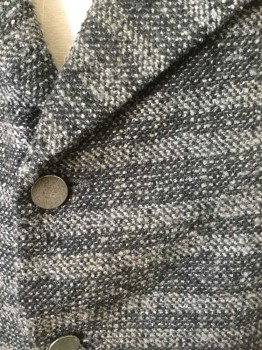 Mens, Historical Fiction Vest, N/L, Gray, Dk Gray, Brown, Cotton, Stripes - Horizontal , Solid, 48, Horizontal Striped Gray/Dark Gray Heavy Cotton, Stand Collar and Triangular Lapel at Front, 5 Silver Metal Buttons, 2 Welt Pockets. Solid Dusty Brown Heavy Cotton Back/Lining, Aged/Holey In Spots Throughout, Made To Order Late 1800's