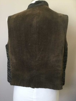N/L, Gray, Dk Gray, Brown, Cotton, Stripes - Horizontal , Solid, Horizontal Striped Gray/Dark Gray Heavy Cotton, Stand Collar and Triangular Lapel at Front, 5 Silver Metal Buttons, 2 Welt Pockets. Solid Dusty Brown Heavy Cotton Back/Lining, Aged/Holey In Spots Throughout, Made To Order Late 1800's