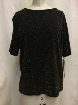 Womens, Top, NOTATIONS, Black, Gold, Synthetic, Metallic/Metal, Speckled, M, Black/gold, Crew Neck, Short Sleeves,
