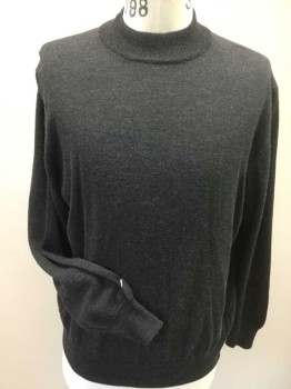 Mens, Pullover Sweater, LINEA UOMO, Charcoal Gray, Wool, Heathered, M, Heather Charcoal, Mock Ribbed Neck, Long Sleeves Cuffs & Hem