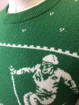 Mens, Pullover Sweater, TOMMY HILFIGER, Green, White, Cotton, Novelty Pattern, S, Green with White Novelty Skiers with Tiny Dots/Stripes, Knit, Long Sleeves, Crew Neck