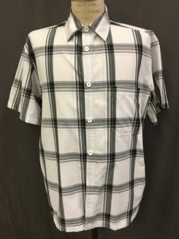 YAGO, White, Black, Gray, Polyester, Plaid, Button Front, Short Sleeves, Collar Attached, 1 Pocket,